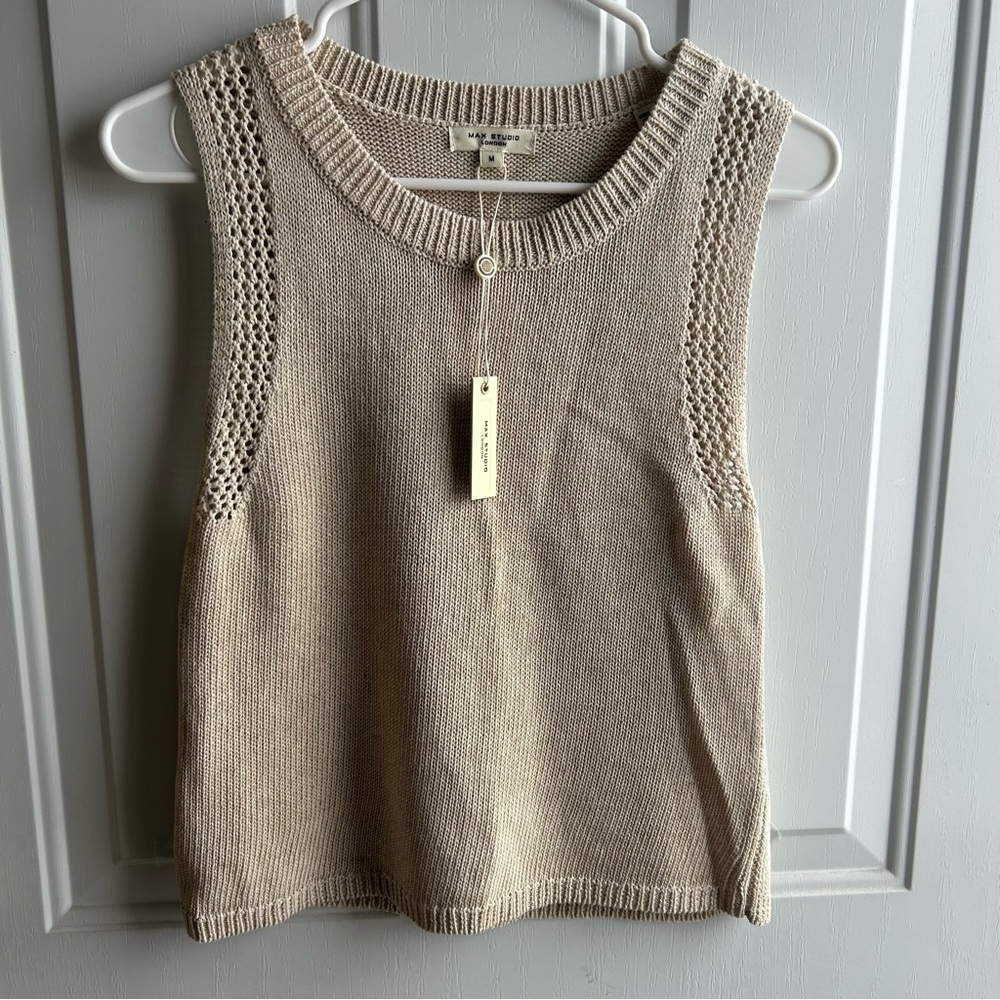 Max Studio London Sweater Womens Medium Oyster Knit Sleeveless Tank Open Stitch